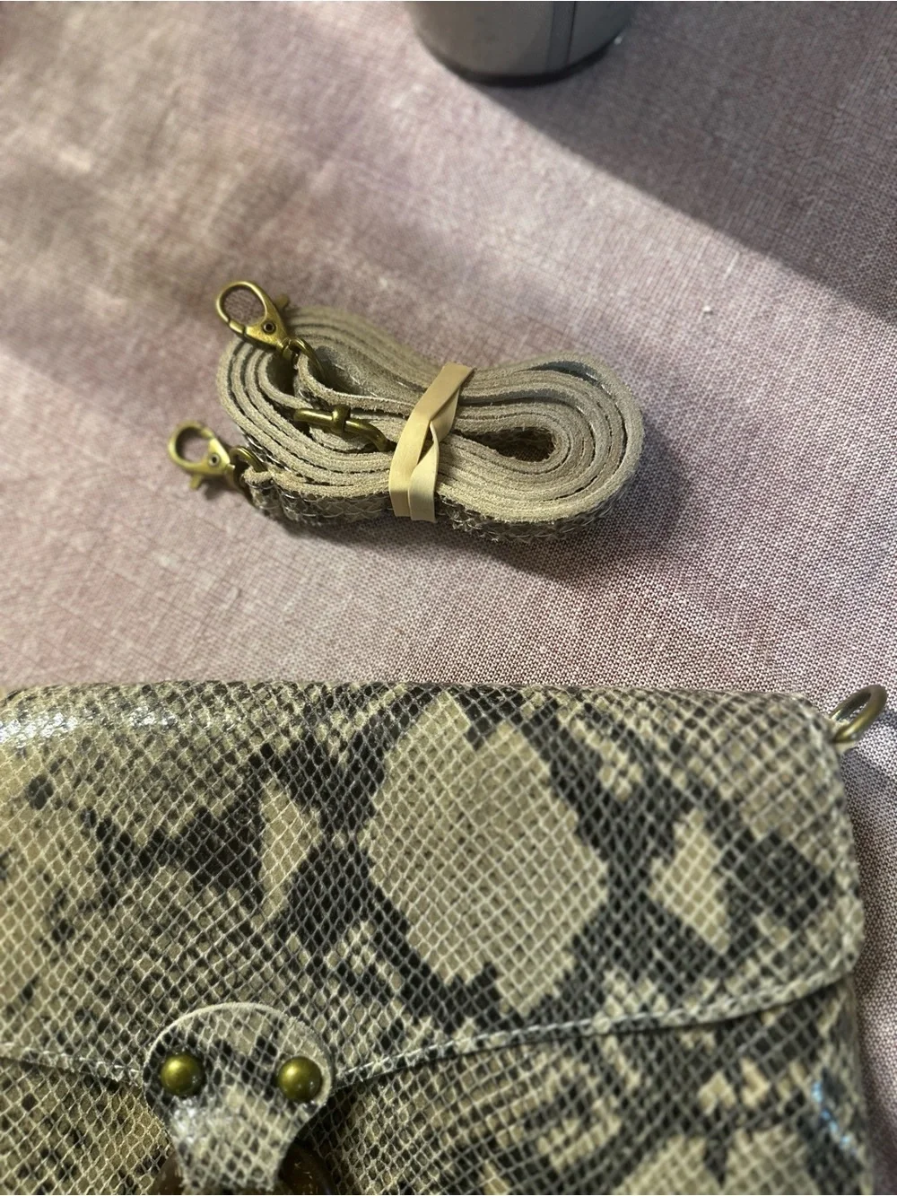 Snake-Print Tassel Envelope Clutch in Beige